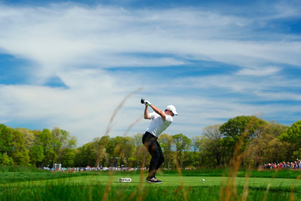 Rory McIlroy plays his shot from the seventh tee during the second round of the 2019 PGA Championship at Bethpage Black - the venue for this year's Ryder Cup.